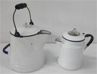 (2) Enamel ware coffee pots. Note: Smaller one is