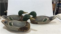 3 hand carved and painted wooden duck decoys