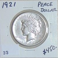 1921 Peace Dollar (key date, cleaned).