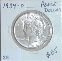 1934-D Peace Dollar VF (cleaned).