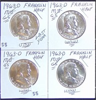 4 1963-D Franklin Half Dollars MS (last year).