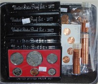 Approx. 140 Lincoln Cents. 5 1977 U.S. Proof Sets.