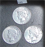 1922-D, 22-S, 23 Peace Dollars VF.