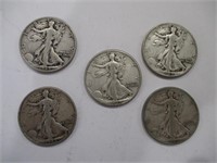 (5) 1942 Walking Liberty 1/2 Dollars
