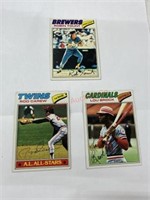 1977 topps baseball cards. Brock. Carew. Yount.