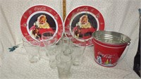 Coca-Cola plastic plates (2), glasses (6) & tin