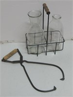 Vtg Glass Milk Jugs W/ Tray & Ice Thongs Pictured