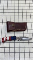Damascus blade pocket knife, red white and blue,