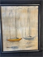Framed Oil on Canvas of Sailboats, signed Brent