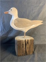 Folk Art Wood Carved Seagull on Natural Wood Base