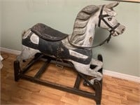 Antique Wood Carved Rocking Horse w Leather Saddle