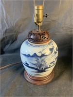 Antique Asian Pottery Lamp w/ Carved Wood