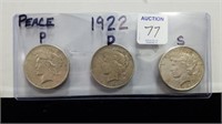 1922 PEACE DOLLARS - ALL 3 MINTS