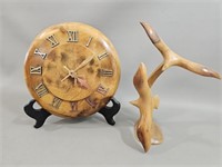 Oregon Myrtlewood Clock/ Wood Bird Figurines