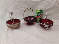 3 Ruby Glass and Metal Baskets