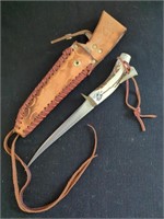 Antler pommel 13" fishing knife in leather