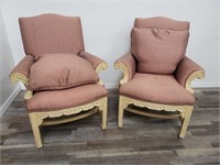 Pair of carved wood upholstered arm chairs
