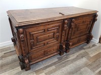 Antique carved wood chest with key