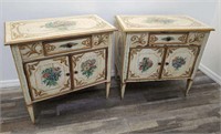 Pair of antique hand-painted floral nightstands