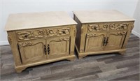 Pair of marble top carved wood nightstands