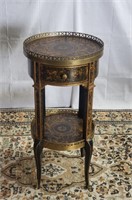 Wood and brass hand painted one drawer tier stand