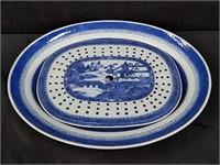 Blue willow pottery 2pc serving platter