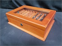 Mahogany and glass pen case with 13 pens