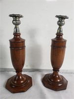 Pair of oak and silver plated candle holders
