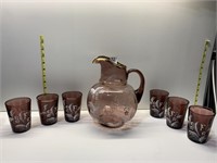 ANTIQUE PITCHER AND 6 GLASS SET HAND PAINTED DR.