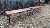 2 X TIMBER BENCH SEATS WITH WROUGHT IRON