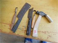 TWO MEAT CLEVERS, BALLPING HAMMER, TWO SCRAPERS