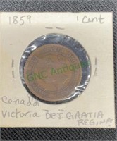 Antique coin 1859 Canadian one cent, Victoria