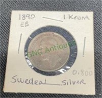 Antique coin - 1890 EB 1 krona, Sweden 0.800