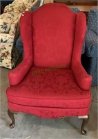 (ND) Deep burgundy Queen Ann style wing chair.