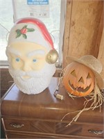 Vintage Plastic Santa Head & Lighted Pumpkin Decor