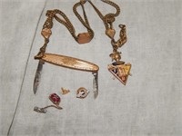 Masonic Fob,chain,knife + 10K Gold pins eastern st