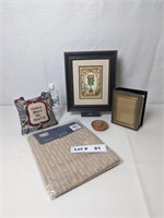TABLE CLOTH, PHOTO ALBUM, MINI PILLOW AND FRAMED P