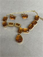 Amber Topez rhinestone dangle necklace earrings