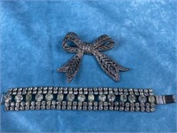 Rhinestone Bracelet and Bow Tie Pin