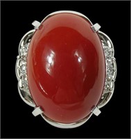 Platinum estate oval cabochon red coral ring with