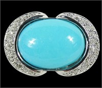 14K White gold oval cabochon turquoise ring with
