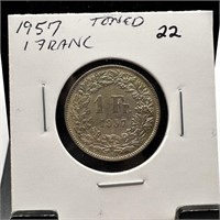 1957 SILVER 1 FRANC TONED