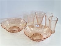 Six Pieces Of Pink Depression Glass