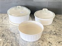 Three Corning Ware French White Round Bakers