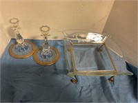 Glass candle stands and glass tray with stand