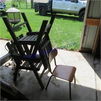 SCHOOL CHAIR & 2 WOOD OUTDOOR CHAIRS