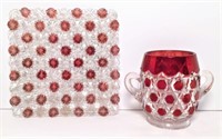 Cranberry and Clear Glass Plate and Cup