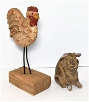 Wood Carved Rooster and Shabby Pig