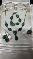 Antique Sterling Silver & Green Cabachon 4 Piece J
