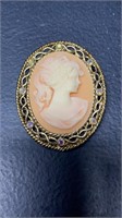 Large Cameo Brooch Gold Tone With Rhinestones 1.75
